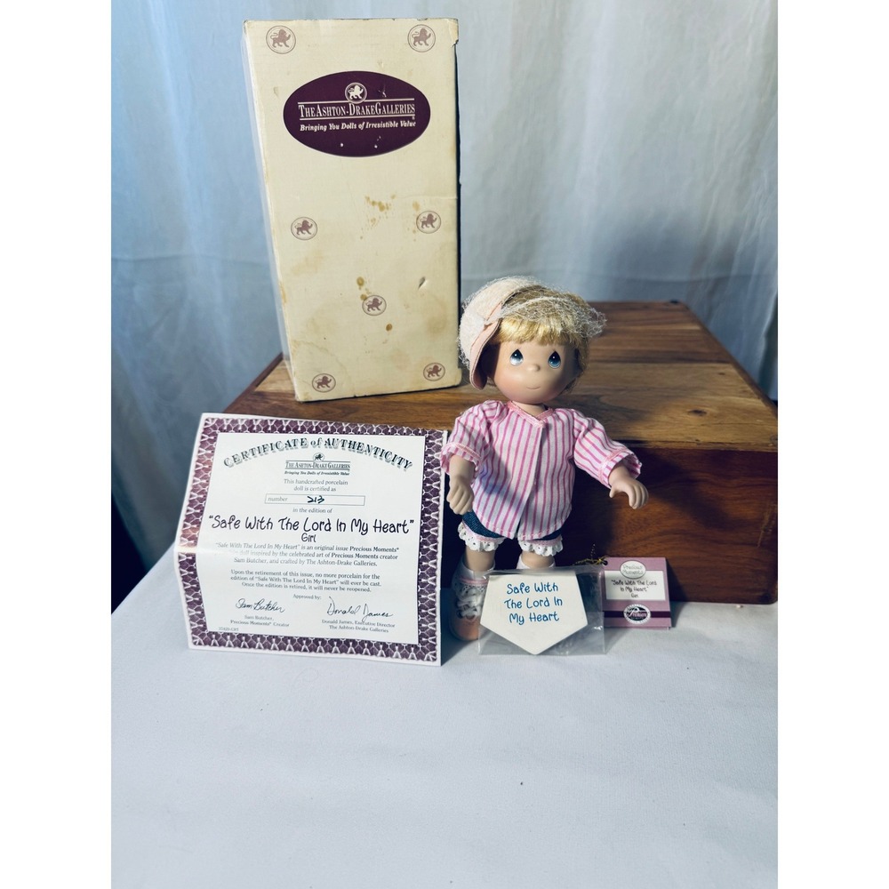 Ashton-Drake Precious Moments Porcelain Doll Girl Pink Stripe Safe With The Lord